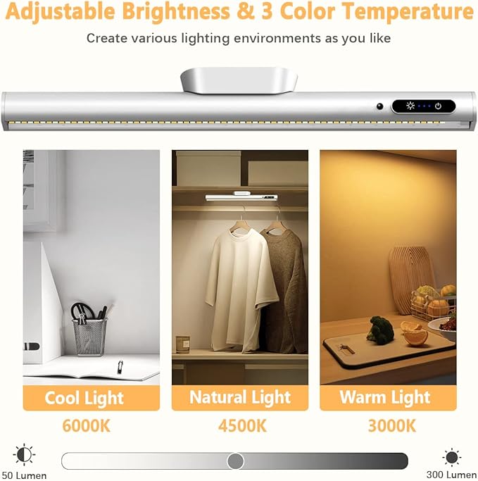 Hapfish Battery Powered Operated Wall Strip Lights, Rechargeable Magnetic LED Light Bar with Remote Control, Dimmable Desk Lamp, Under Cabinet Lighting Wireless for Picture Shelf Closet – Silver