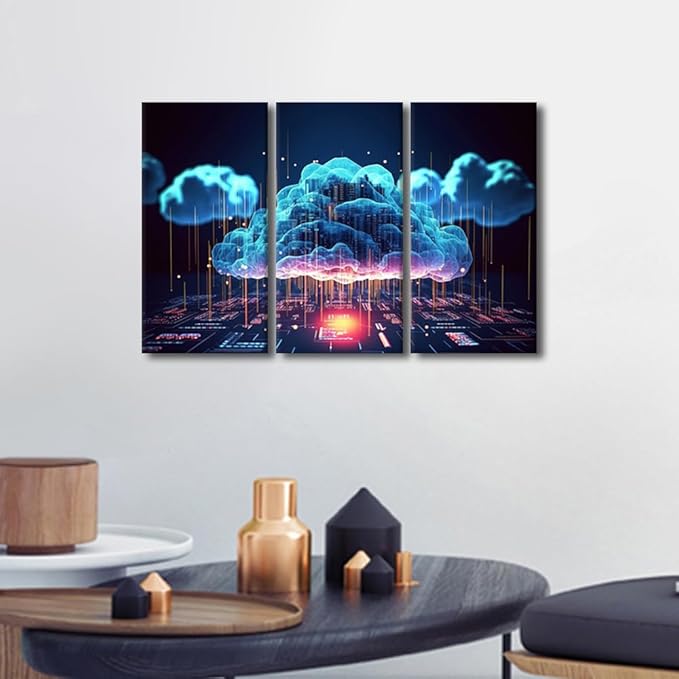 TUMOVO Modern Wall Art Multi Panel Firewall Network Security, Artificial Intelligence, Cyber Security, Cloud Managed Picture Prints on Canvas Print Art for Living Room Decoration, 36" Wx24 H