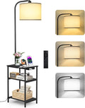 Floor Lamp with Table & Remote, Side End Table with Charging Station, Dimmable Nightstand with 3 Color Temperatures, 1-Hour Timer, 12W LED Bulb, for Living Room, Bedroom(Black)