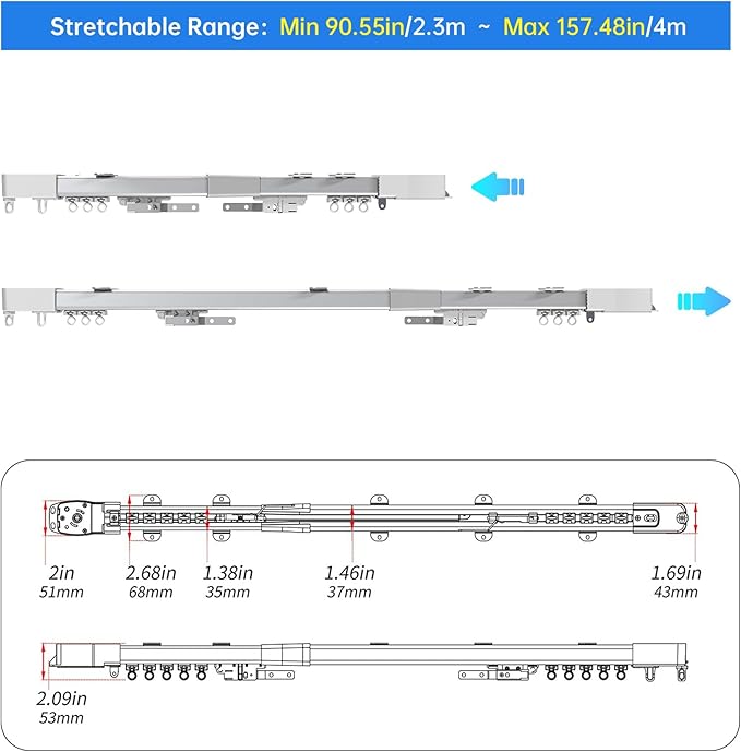 Smart Electric Curtain Ceiling Mounted Motorized Motor System Adjustable Track Length Compatible with Alexa Google Siri Apple 70-118in.