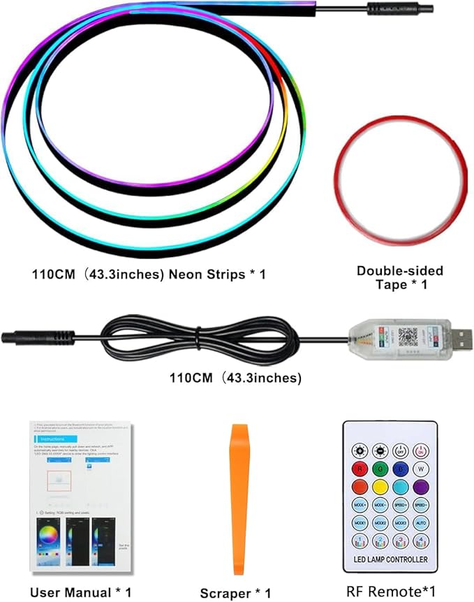 Acrylic LED Lights for Car, 43.3in RGB Strip Light Car LED Lights Interior with USB Port, App Control, Music Sync, 146 LEDs Interior Ca r Lights for Women Men Gifts