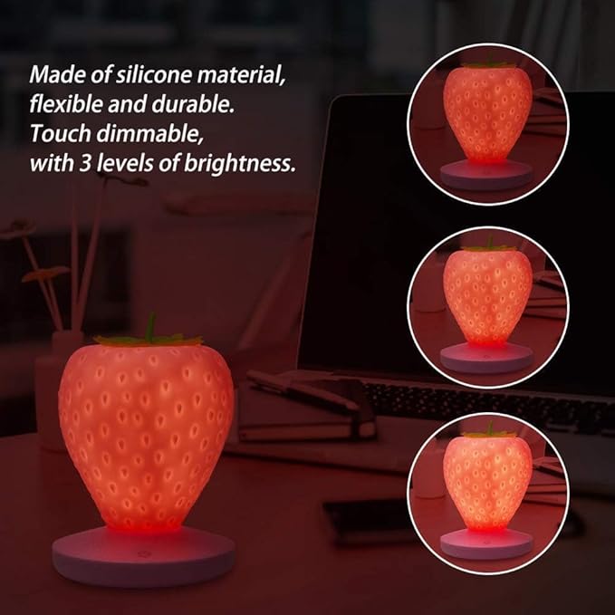 ‌Strawberry Night Light, Cute Silicone LED Touch Strawberry Lamp, USB Rechargeable, 3 Modes Dimmable, Color Changing Bedside Lamp, Valentine's Day, Birthday Gifts
