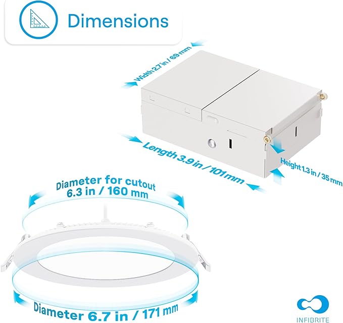 INFIBRITE 6 Inch 3000K Warm White 12W 1050LM Thin LED Ceiling Light Kit, Dimmable, Wet Rated