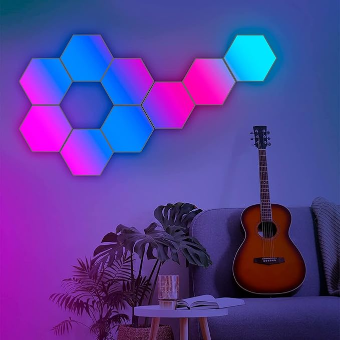 Amailtom Hexagon LED Lights, Smart RGB-IC Gaming LED Wall Lights App & Remote Control Music Sync, Hexagon Light Panels DIY Geometry Ambience Lighting for Gaming Room Bedroom Streaming, 10 Panels