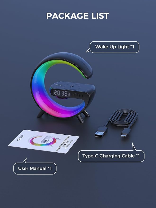 Smiling Shark Wake Up Light, Atmosphere Desk Light with 15W Wireless Charger & Bluetooth Speaker Button Control 10 Lights Mode Sunrise Simulation Alarm Clock Smart Light for Home Decor Bedroom