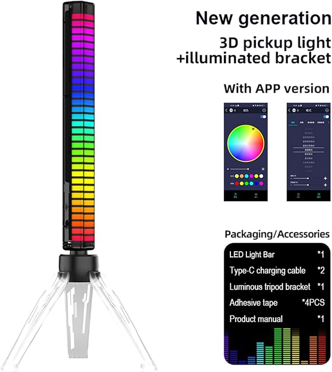 LED Light Bar, RGB Sound Control Atmosphere Light, Rechargeable Battery USB Powered Rhythm Light Pickup, Dimmable RGB Flow Light Bars, for Car, Gaming, TV, Party(Size:Charge,Color:A)