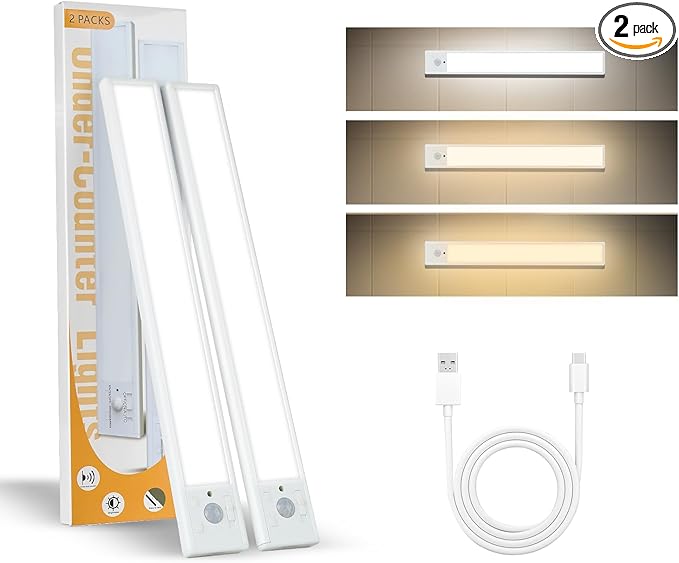 Under Cabinet Lights 2 Pack 12 inch Rechargeable Battery Operated Motion Sensor Light Indoor USB Charging Closet Lights Battery Operated with 3 Color Temps for Kitchen, Stairs, Home