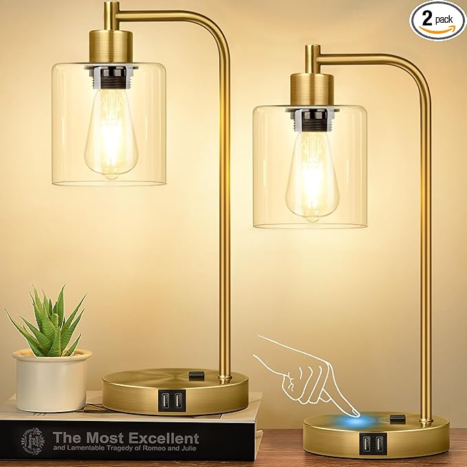 Nintiue Industrial Touch Table Lamps Set of 2-2 USB Ports & AC Outlet Nightstand Lamps, 3-Way Dimmable Bedside Desk Lamp for Living Room Bedroom, Glass Shade & 2 LED Bulbs Included - Brass