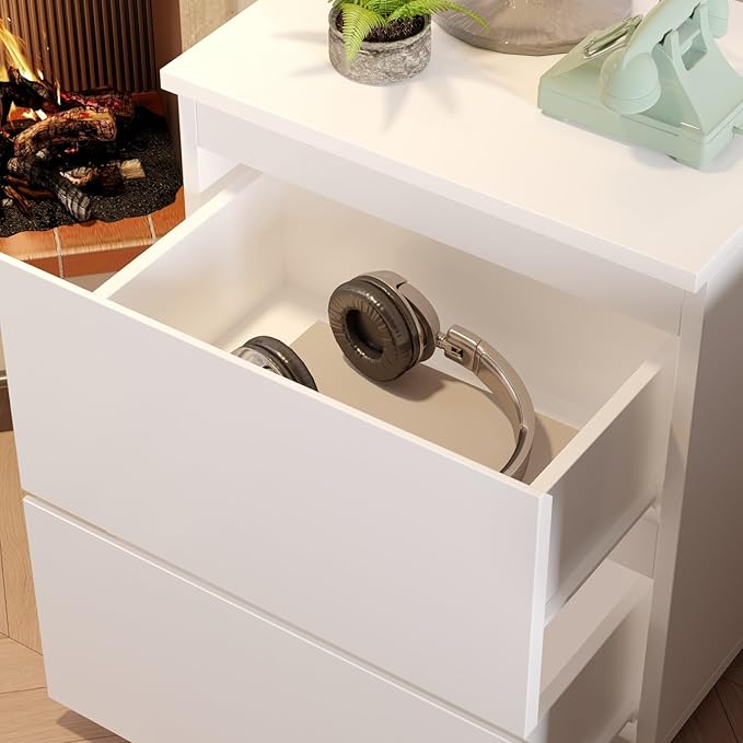 FAMAPY Modern Nightstand with 2 Drawers, Bedroom Storage Cabinet, Modern End Side Table, No Handle Design, for Living Room White 15.7”W x 11.6”D x 18.9”H