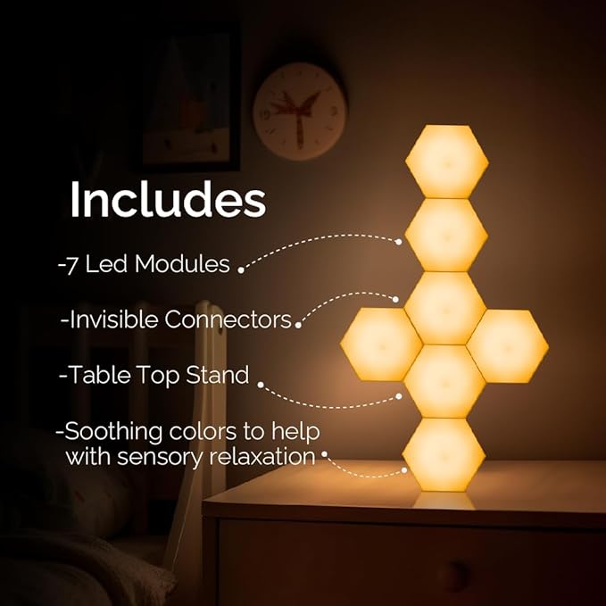Emberela HEXlights 7-Pack Hexagon Lights, Touch and Remote Controlled RGB Wall Panels - LED Light Panels for Living Room, Bedroom, Game Room Decor - Tabletop Stand Included