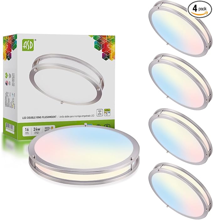 ASD LED 16" Round Flush Mount Lighting, Close to Ceiling Light Fixture | 3CCT, Dimmable, Energy Star, ETL Listed | 24W 2118LM 3000-5000K 100-277V | Low Profile Double Ring Lamp | Nickel, 4 Pack