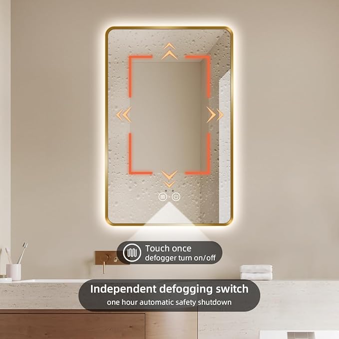 36" H x 24" W Gold LED Bathroom Mirror, Smart Backlit Mirror with Infrared Motion Sensor Lights, Anti Fog, Stepless Dimmable & Color Temperature Adjustment, Wall Mounted Vanity Mirror, CRI≥93