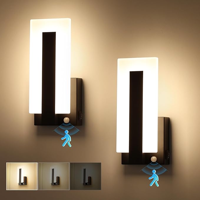 Joosenhouse Wall Sconces Set of Two Hardwired, Motion Sensor Wall Lights for Bedroom Living Room Hallway, TRIAC Dimmable 3000K Warm White, Modern Black Metal Acrylic Wall Lamp Fixtures
