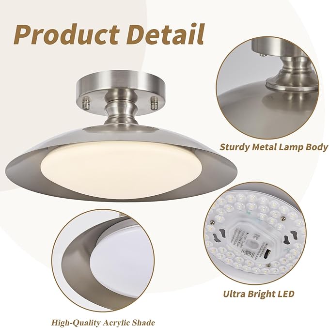 Dimmable Brushed Nickel Ceiling Light Flush Mount Modern LED Lighting Fixture, 5CCT 3000 K- 6000 K Ceiling Lamp for Bedroom Hallway Living Room Kitchen