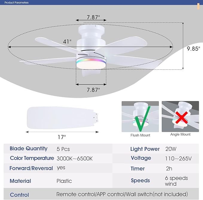 41 Inch White Flush Mount Ceiling Fans with RGB Lights, 5 Reversible Blades, 6-Speed 2H Timer, RGB & 3 CCT Dimmable, Remote & APP Control for Bedroom Living Room