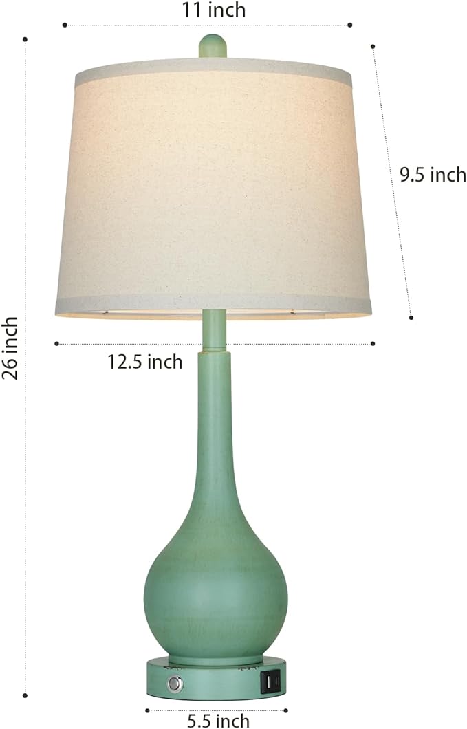 26" Farmhouse Table Lamps for Living Room Set of 2, 3-Way Dimmable Touch Control Bedside Lamp with USB A+C Ports, Retro Green Nightstand Lamps for Bedroom (2 LED Bulbs Included)