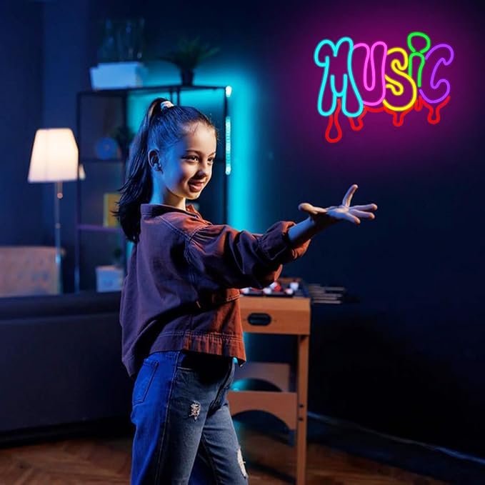 Dripping Music Neon Sign for Wall Decor, Colorful Letter Neon Light, Dimmable Live Music LED Light Up Sign for Bedroom,Game Room, Beer, Bedroom,Party,Club