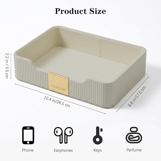 Valet Tray Nightstand Storage Organizer - PU Leather Desktop Storage Organizer Fits Cosmetics Perfume Skincare Lipsticks for Dresser Vanity, Catchall Tray for Watch Wallet Phone Keys|Beige