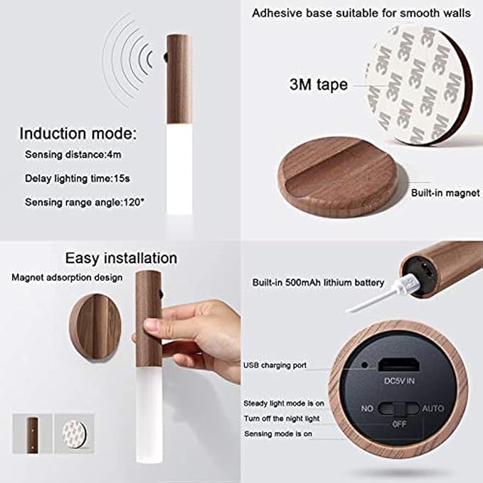 Motion Sensor Wall Lights Wood Battery Operated Sconce Light Indoor Magnetic USB Rechargeable Wireless Wall Lamp for Bedroom Hallway, Warm White 3000K