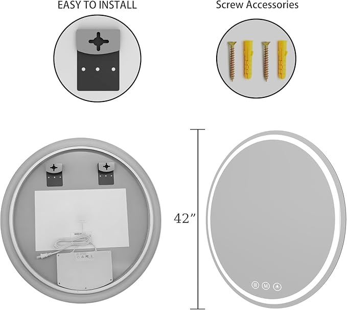 LED Bathroom Mirror 42 Inch Round Bathroom Mirror with Lights, Circle Wall Mirror with 3 Colors Brightness, Anti-Fog for Bathroom Vanity, Entryway Living Room