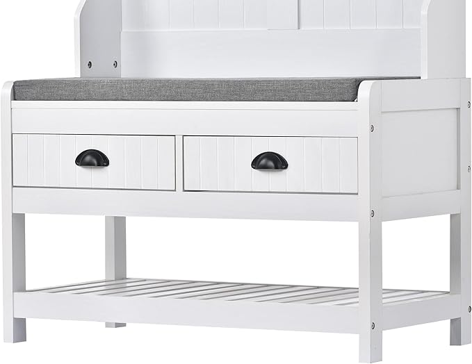 Hall Tree with Shoes Bench, Entryway Coat Rack with Storage Shelves and Drawers, 33.5''W Coat Hanger for Entrance, Hallway (White)