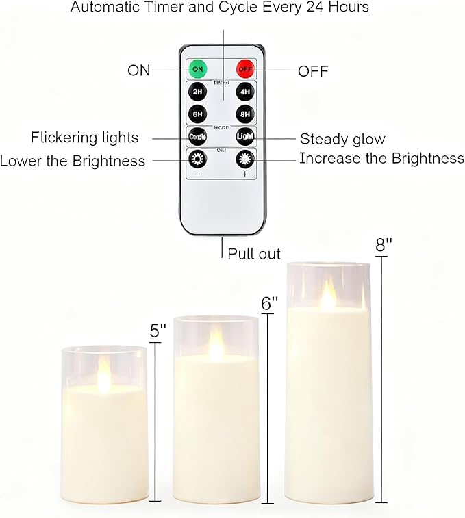 Homemory Ivory Flickering Flameless Candles, Battery Operated Acrylic LED Pillar Candles with Remote Control and Timer, Set of 9