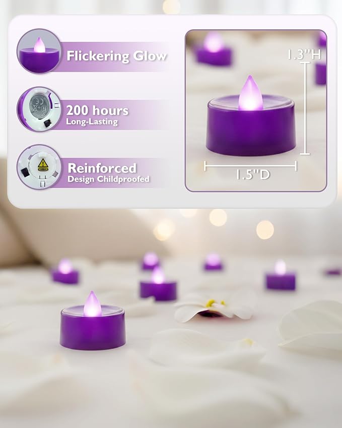Amagic 30 Pcs Purple Flickering Flameless Tea Lights Battery Operated, 200+ Hours Long Lasting Colored Candles for Wedding, Table Centerpiece, Home Decor, Party, Halloween, Christmas, Proposal