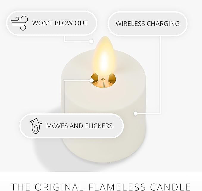 Luminara Flameless Tealights Rechargeable LED Set of 4 1.5" x 2.1", Battery Operated Moving Flame w/USB Charging Base, Indoor Safe Decorative Lights