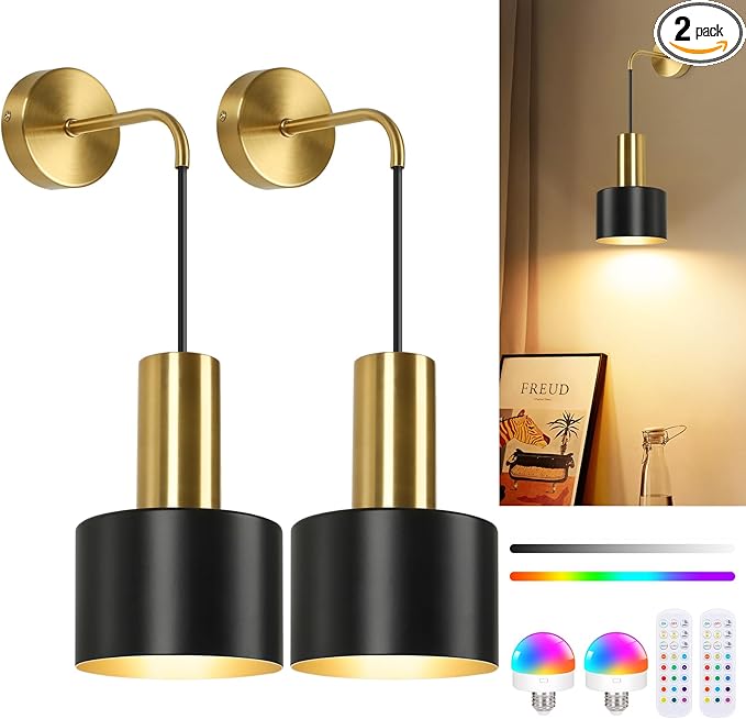 VerRon Rechargeable Battery Operated Wall Sconce Set of Two, Black & Gold Wireless Battery Powered Lights with Dimmable Detachable Bulbs & Remote, Modern Sconces Wall Decor for Bedroom Living Room