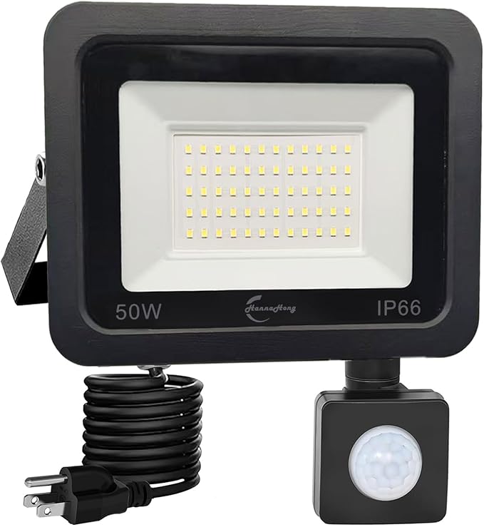 HANNANHONG LED Motion Sensor Flood Light, Slim Design, Plug in,1.5m Cable, IP66 Waterproof (50W)