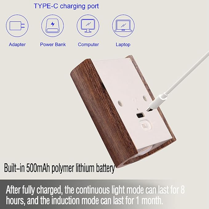 LANDGOO 1-Pack Wood Step Light with Motion Sensor, Rechargeable Stair Night Light, Sapele Wood 2700K Warm White LED Wall Lamp, Easy No-Wire Installation for Hallway Bedroom