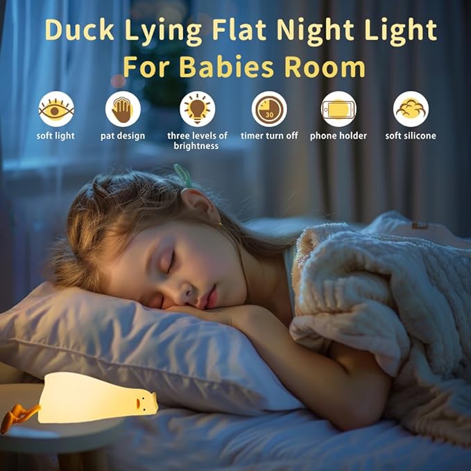 Lying Flat Duck Night Light, Cute Silicone Light Up Duck, 3 Level Dimmable Nursery Nightlight, LED Duck Lamp, Rechargeable Bedside Touch Lamp for Breastfeeding Toddler Baby Kids Decor