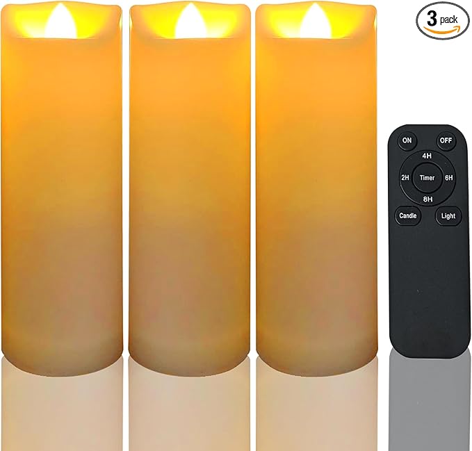 Battery Operated Flameless LED Pillar Candle with Remote Cycling Timer, Realistic Plastic Electric Tall Flickering Light for Indoor Outdoor Bookshelf Dinner Party Centerpiece Fireplace Decor Pack of 3