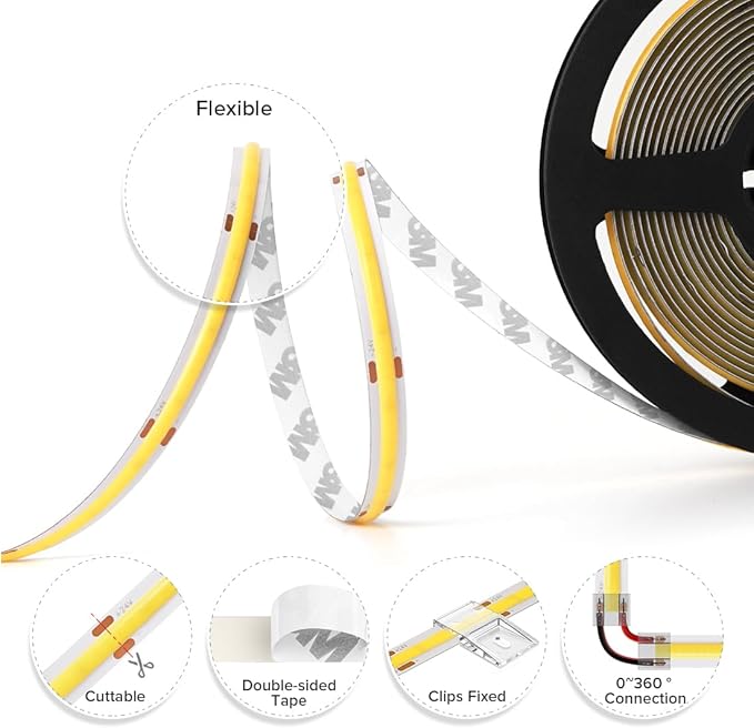 BTF-LIGHTING FCOB COB LED Strip Flexible High Density Uniform Light 9W/m 16.4FT DC12V Daylight White 5000K 480LEDs/m CRI 90+ 8mm IP67 Waterproof Width Dimmable LED Ribbon(No Adapter or Controller)