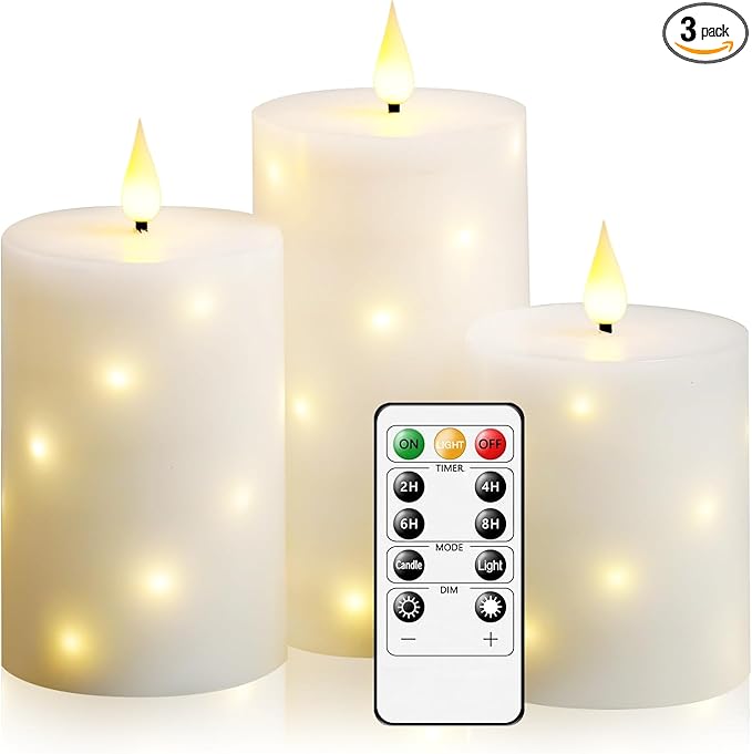 Flameless Candles with Embedded Star String, Real Wax Battery Operated Candles with Remote Timer, Flickering Pillar LED Candle Set for Home Decor Romantic Ambiance （White）