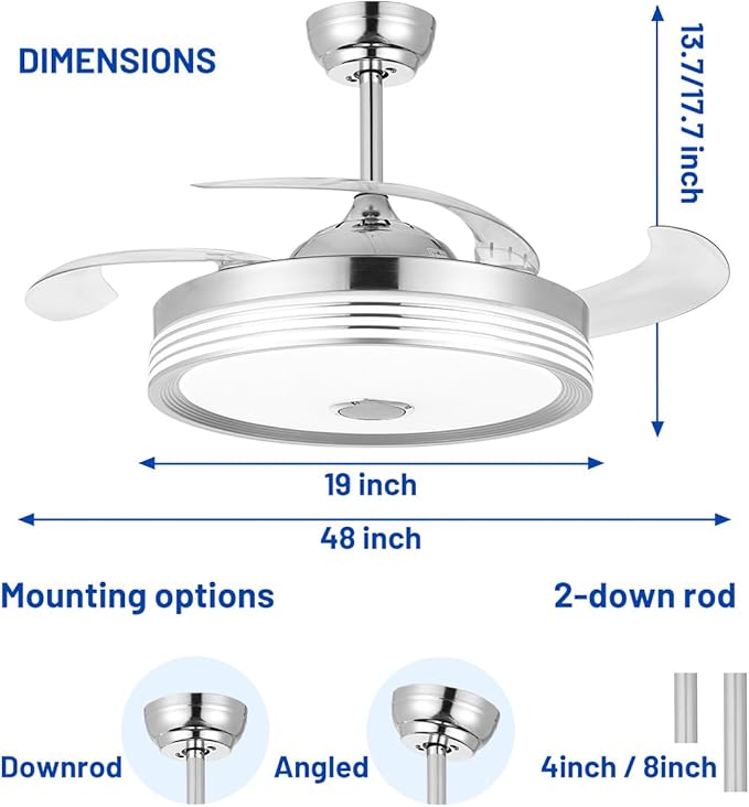 48 inch Modern Retractable Ceiling Fan with Lights and Remote Control, 6Speed Dimmable Fandelier, Smart Ceiling Fan Light with Bluetooth Speaker, RGB Color Reversible Bedroom Living Room, Chrome