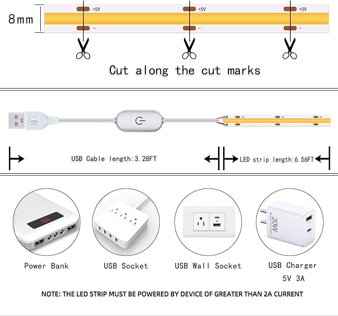 Led Strip Lights 5V USB 6.56ft/2m 640 LEDs Touch stepless Dimmable COB LED Strip Light 3000K Warm White 10W Flexible led Lights for Bedroom Kitchen, DIY Lighting Room Decor 5V LED TV Lights