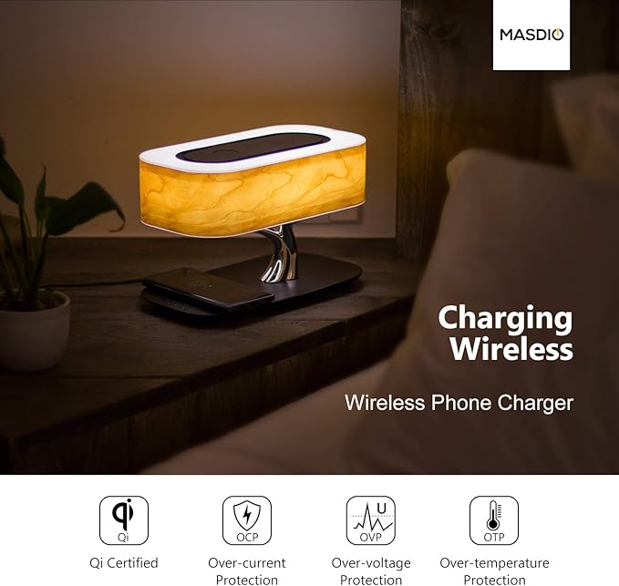 AMPULLA Masdio by Ampulla Bedside Lamp with Bluetooth Speaker and Wireless Charger, Table Lamp Desk Lamp with Sleep Mode Stepless Dimming