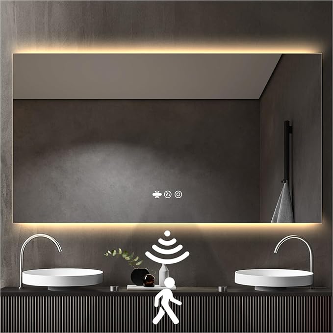 56 x 36 LED Bathroom Vanity Mirror, 3 Colors Top & Bottom Backlit Mirror Bathroom with Motion Sensor, Stepless Dimmable Wall Mirror with Lights, Anti-Fog, Rectangular, UL-Listed