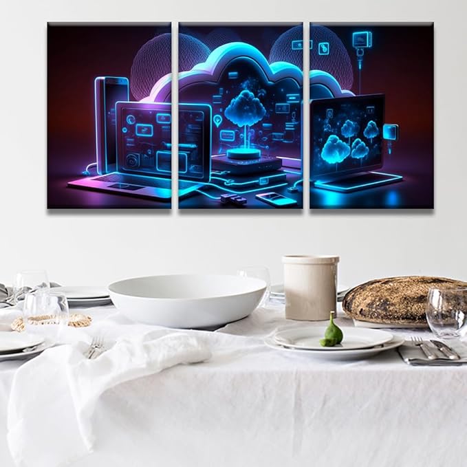 LSIUHWUWI Cloud Storage Communication with Computer Pictures for Bedroom Wall Decor 3 Panel Wall Art Posters and Prints Wall Hanging Decor Modern Home Decor Ready to Hang 16x24inchx3