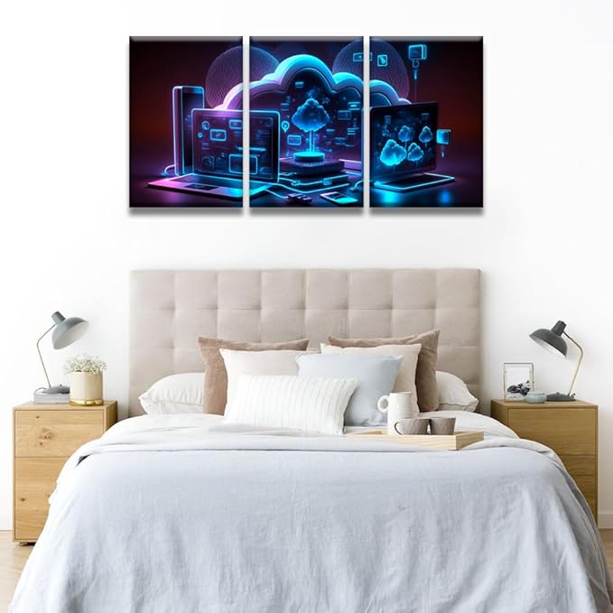 LSIUHWUWI Cloud Storage Communication with Computer Pictures for Bedroom Wall Decor 3 Panel Wall Art Posters and Prints Wall Hanging Decor Modern Home Decor Ready to Hang 16x24inchx3