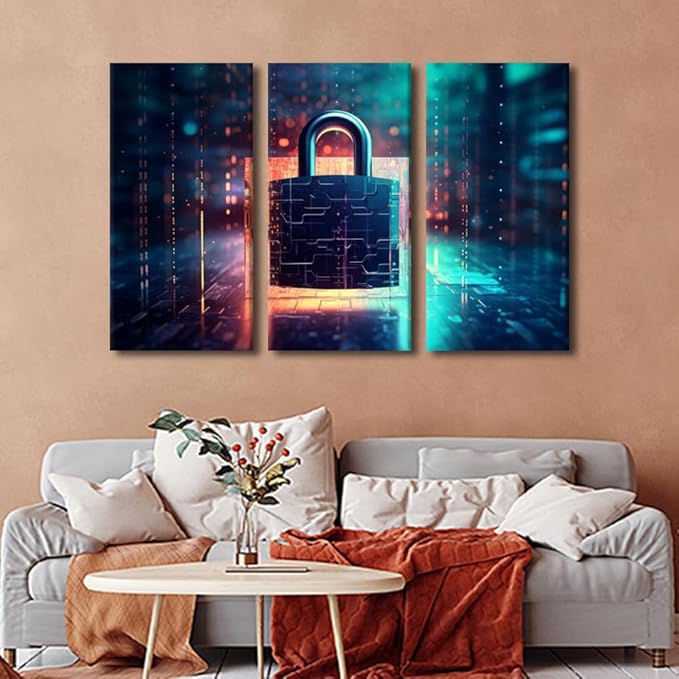 Framed Wall Art 3 Panel Cyber Security and Data Protection Concept Pictures Print on Canvas Wall Art for Living Room Bedroom Bathroom Decorations, Modern Posters and Prints, 42" Wx28 H
