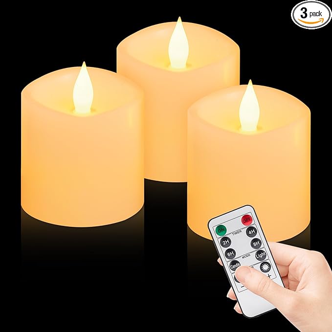 Flameless Candles with Remote & Timer - 3×3'' Ivory Pillar LED Candles Battery Operated,Fake Candles for Indoor Outdoor - Realistic Flickering Flame Holiday Wedding Church Decor (3-Pack)