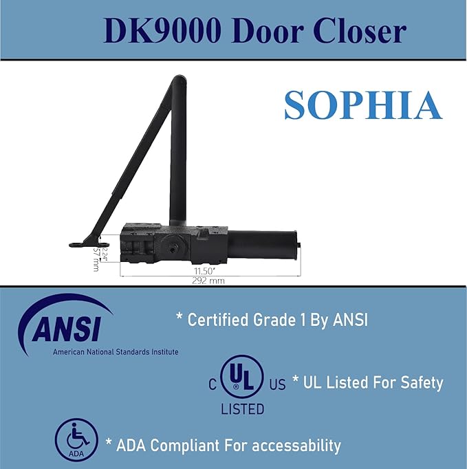 SOPHIA Commercial Door Closer Heavy Duty, Automatic Door Closer, ADA Compliant & UL Listed, Door Hydraulic Closer, Delayed Action, Adjustable Spring Size 1-6 for Heavy Traffic, Grade 1, Matte Black