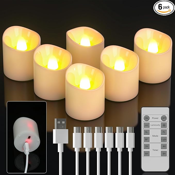 SoulBay Flameless Candles Rechargeable Battery Operated with Remote Timer, 6pcs LED White Flickering Electric Tea Lights Votives for Lantern Wedding Table Home Decoration, USB Cable Included