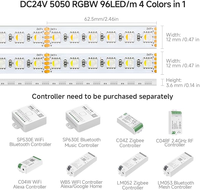 BTF-LIGHTING 5050 RGBW RGB+Cool White(6000K-7000K) 4 Colors in 1 LED 5m 16.4ft 96LED/m DC24V Multi-Colored LED Tape Lights IP67 Waterproof Wihte 14mm PCB for Home Decoration(No Adapter or Controller)