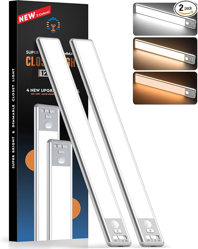 126 LED Under Cabinet Lighting Wireless, 2500mAh Rechargeable Closet Lights Motion Sensored, 3 Color Temps, Dimmable Magnetic Light Bar for Kitchen, Pantry, Stair (2 Pack)