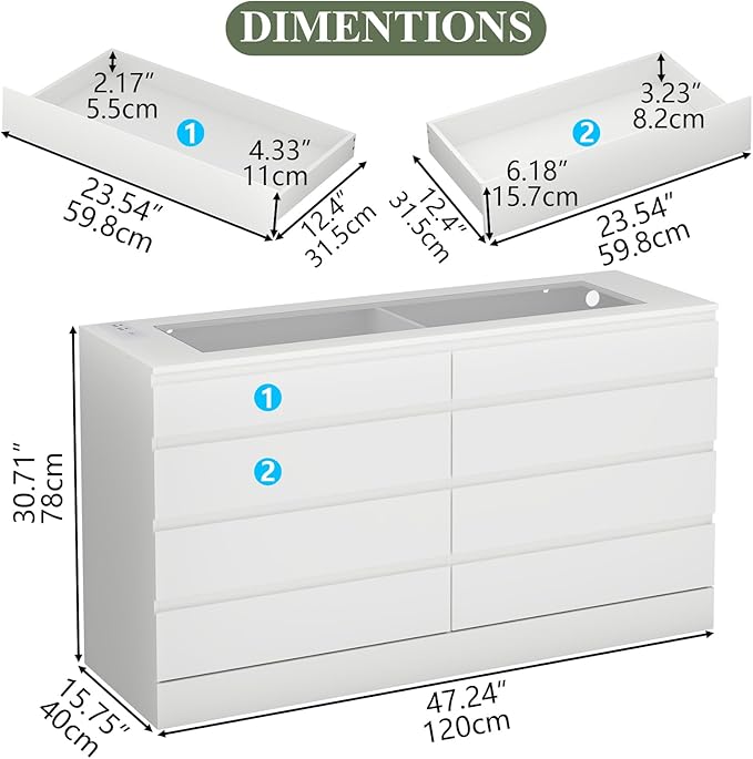 8 Drawer Dresser with Power Outlet, Modern Chest of Drawers with LED Light & Glass Top, Wood Double Dresser TV Stand with Organizer Storage for Bedroom, Living Room, Closet (White)