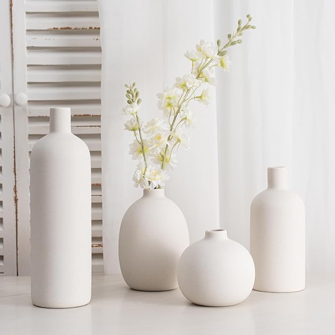 Ceramic Vase Set of 4, Modern Minimalist Colors Home Decor, White Decorative Flowers Vases for Bouquet, Pampas | Table Mantel Centerpiece Bookshelf Living Room Bedroom (White Set of 4)