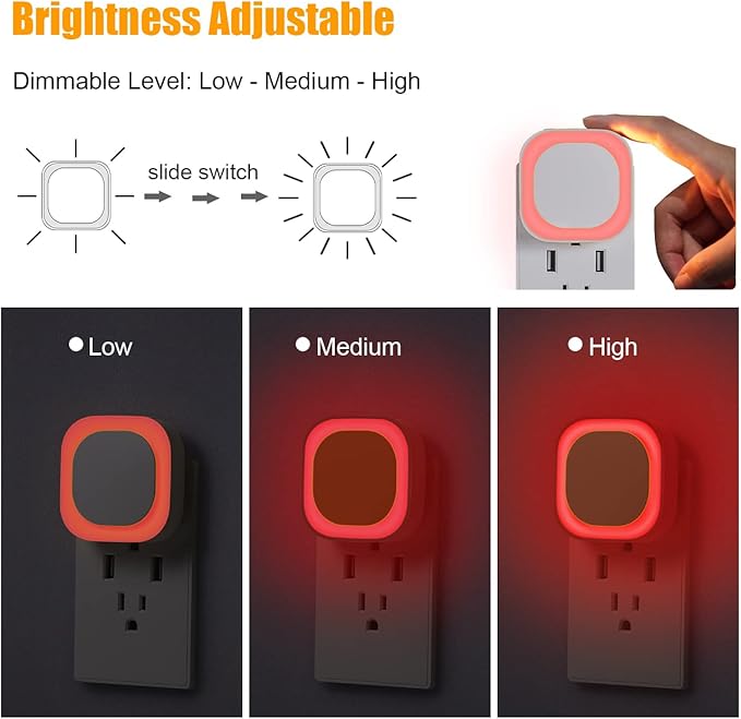2 Pack Plug in Red Sleep Night Light, Auto Dusk to Dawn, Soft Glow, Dimmable Diffused Light, Led Lights for Bedroom, Sleep, Baby Nursery, Kids, Toddler, Bathroom, Hallway, Home Decor